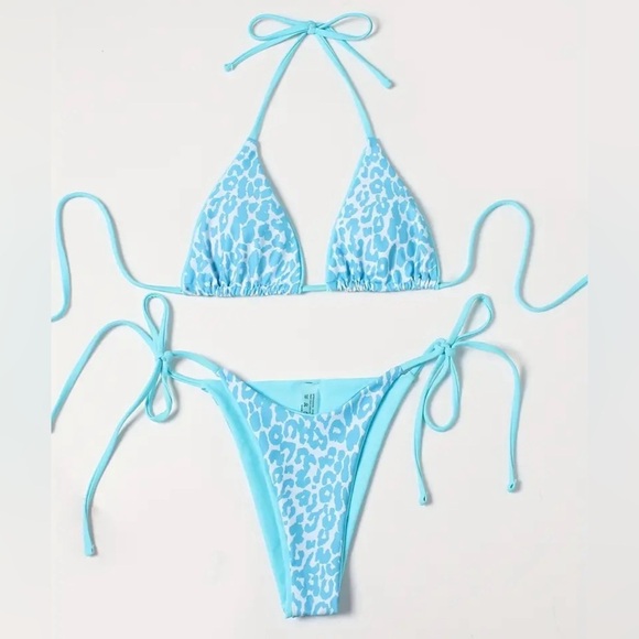 Blue Leopard Halter Tie Side Cheeky Bikini Set - Picture 6 of 12